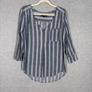 Fred David Tunic Top Medium‎ Blue Gray White Striped Popover Preppy Nautical